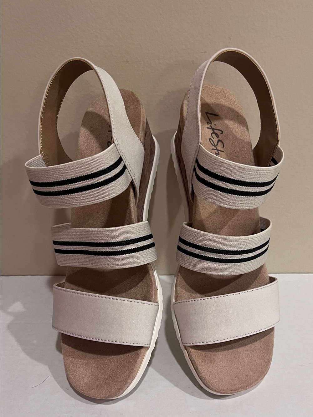 Women's LifeStride Sunshine Open-Toe Striped Stretch Straps Cork Wedge Sandals 9